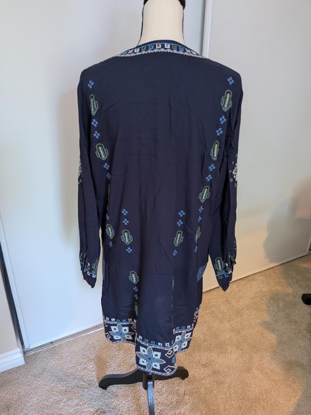 Raj Womens Navy Blue Embroidered Boho Tunic Dress Long Sleeve Tassel Size Large - Picture 3 of 7